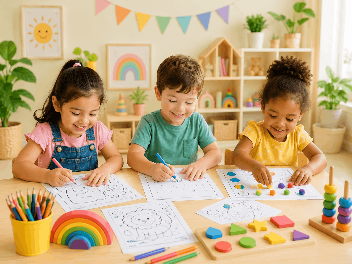 Preschool children using printable early learning worksheets