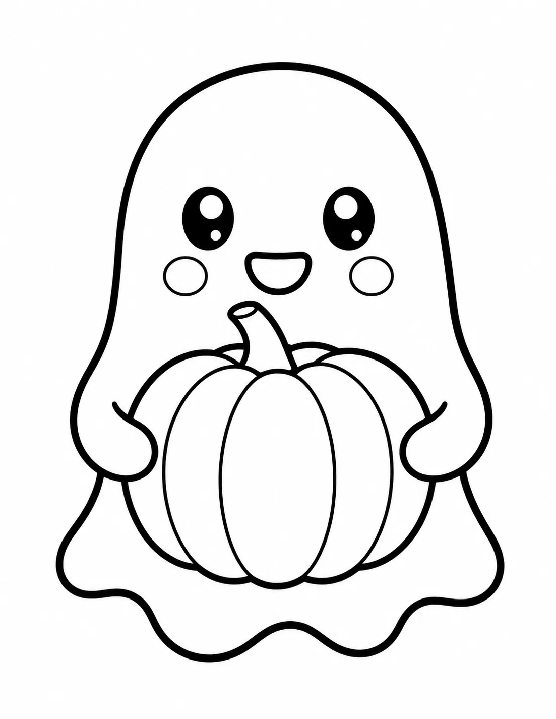 Friendly ghost holding a pumpkin coloring page for preschool kids