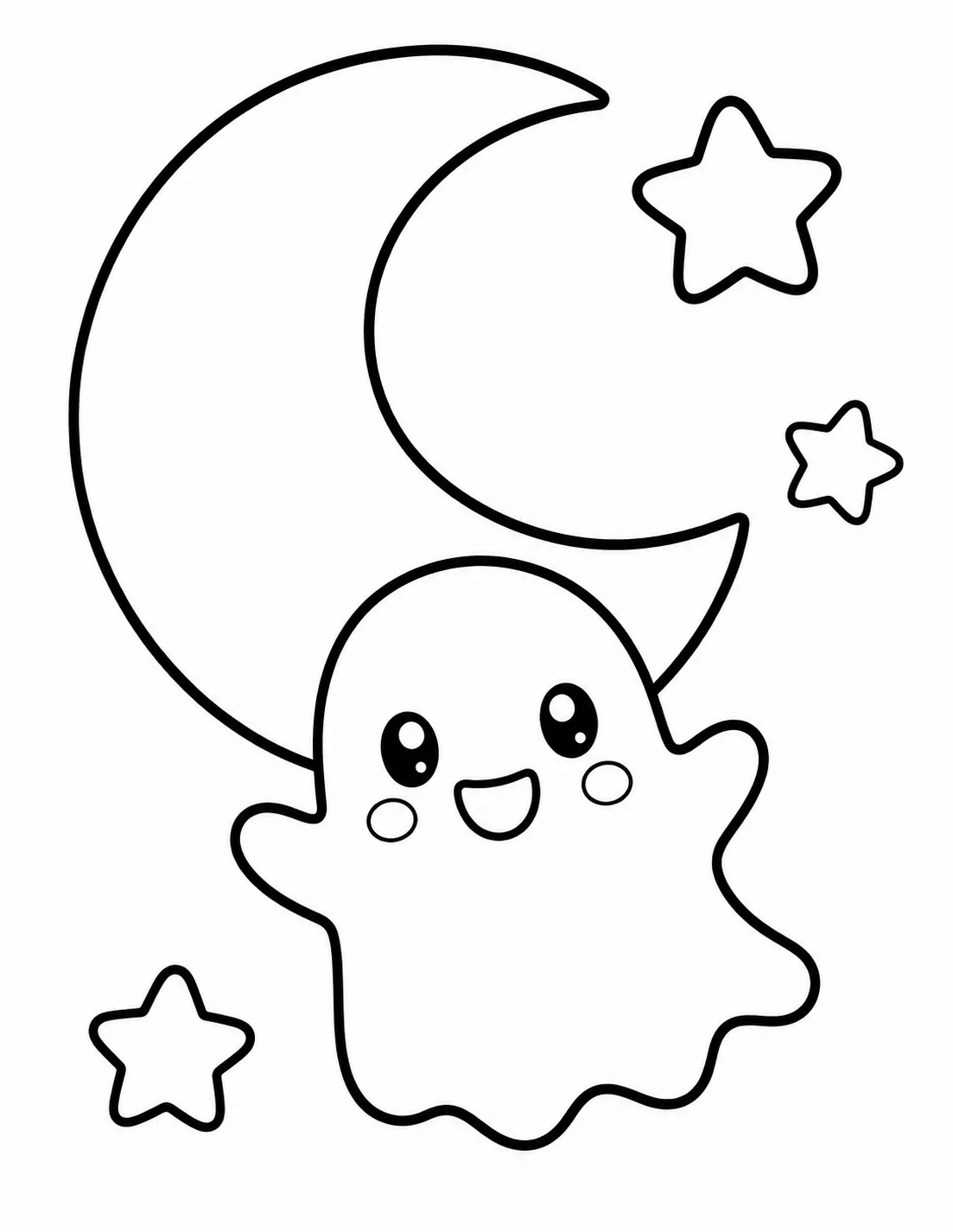 Cute ghost under crescent moon coloring page for kids
