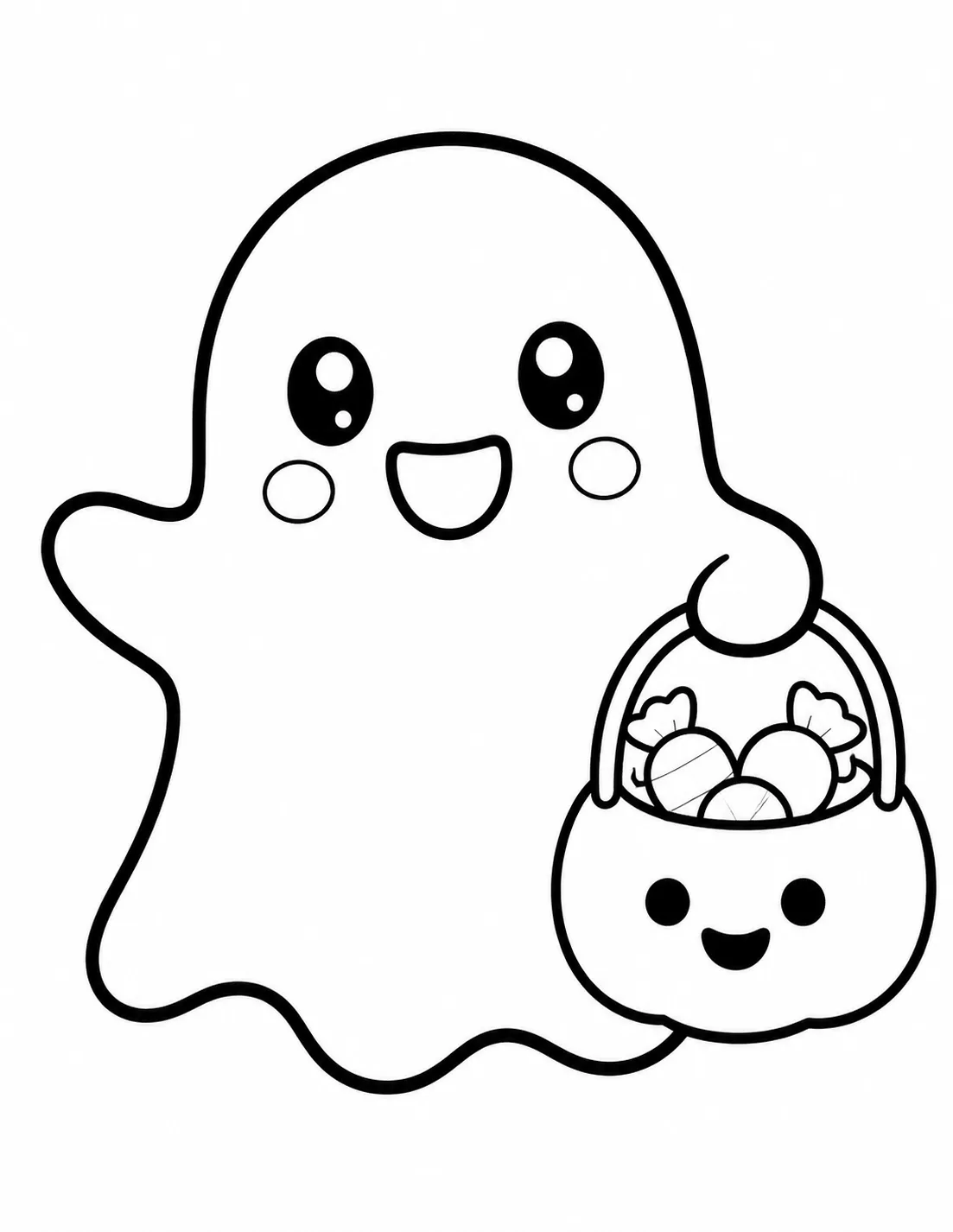 Happy ghost with candy bucket coloring page for kids