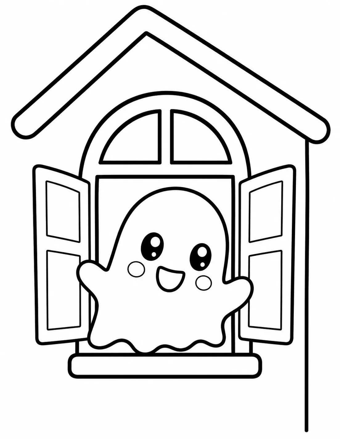 Friendly ghost peeking from haunted window coloring page